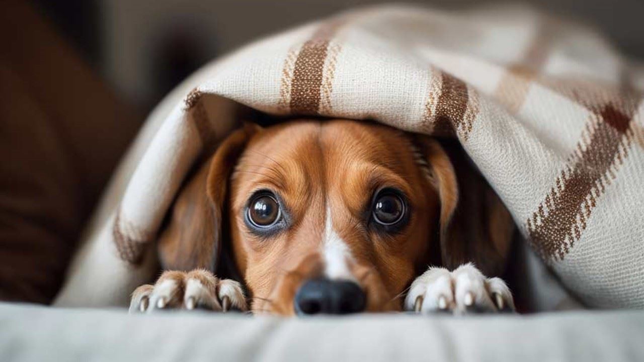 Pet Safety during fireworks season (JPG) showing puppy under blankets